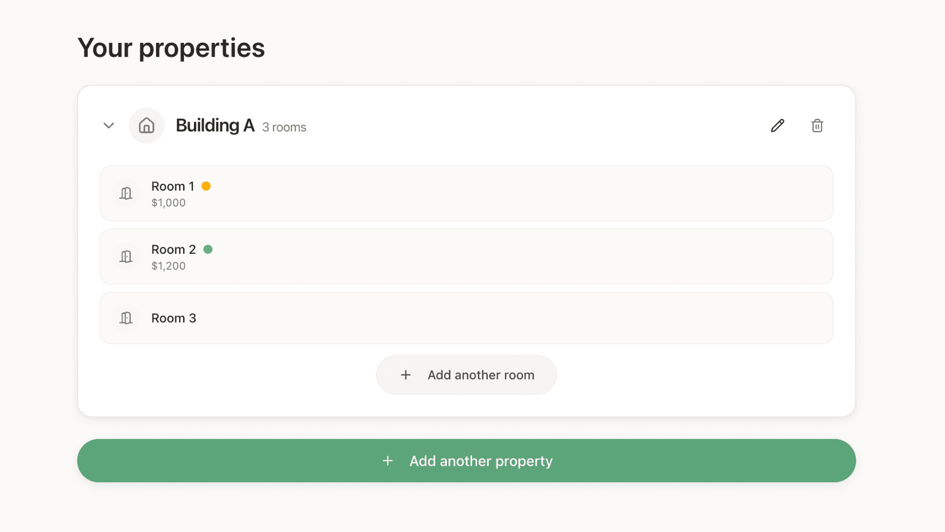 Properties management view showing rooms and rent status